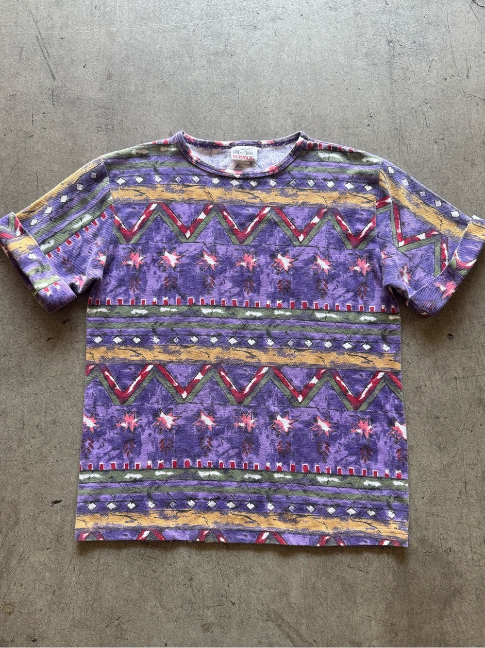 Denim Republic - Vintage Purple Aztec Tee - Cuffed Sleeve Western Tee - S